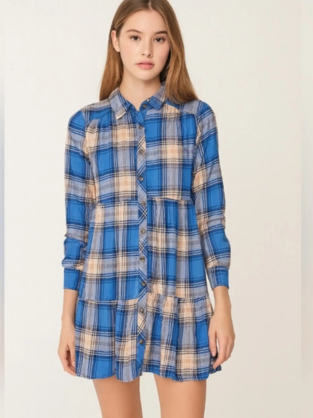 Ultra Flirt Blue Plaid Tiered Shirt Dress Long Sleeve Juniors S